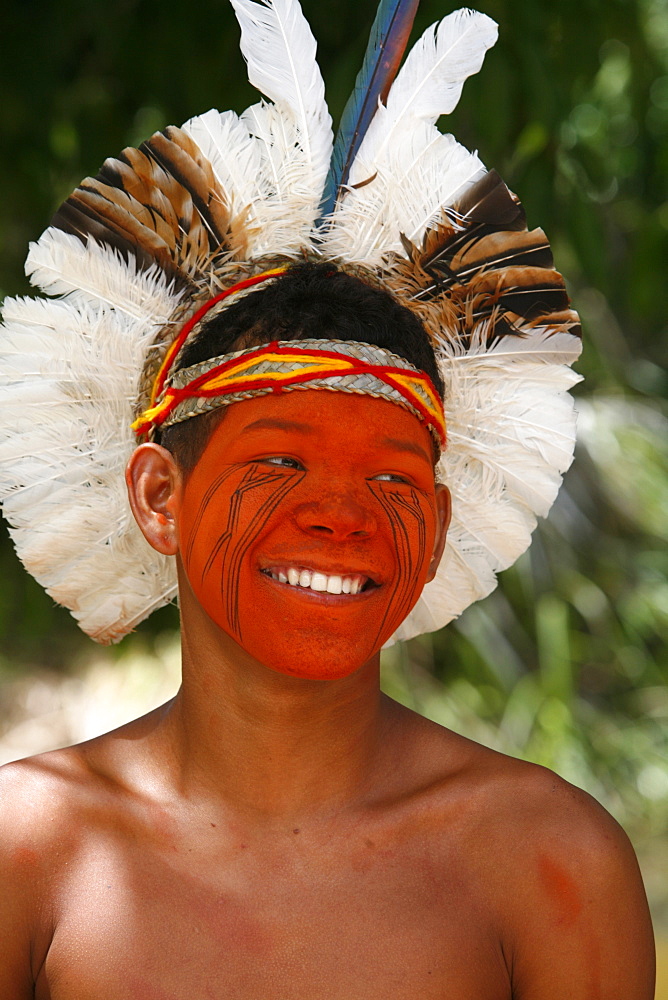 Portrait of a Pataxo Indian man at the Reserva Indigena da Jaqueira near Porto Seguro, Bahia, Brazil, South America