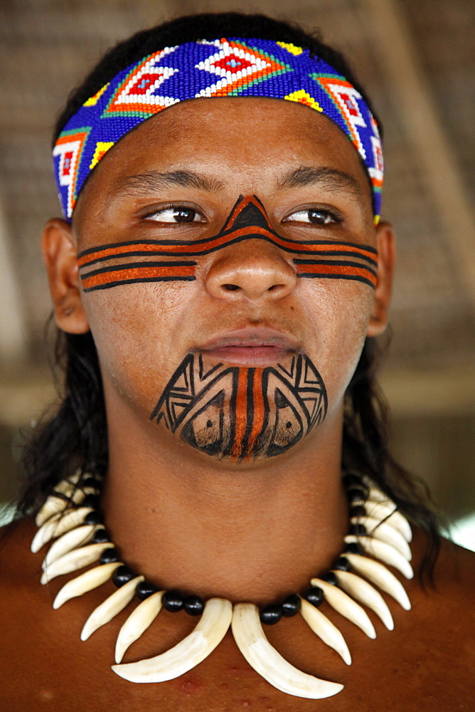 Portrait of a Pataxo Indian man at the Reserva Indigena da Jaqueira near Porto Seguro, Bahia, Brazil, South America