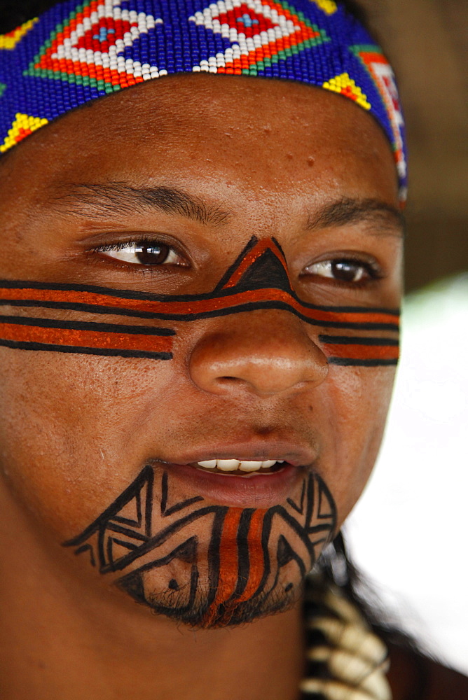 Portrait of a Pataxo Indian man at the Reserva Indigena da Jaqueira near Porto Seguro, Bahia, Brazil, South America