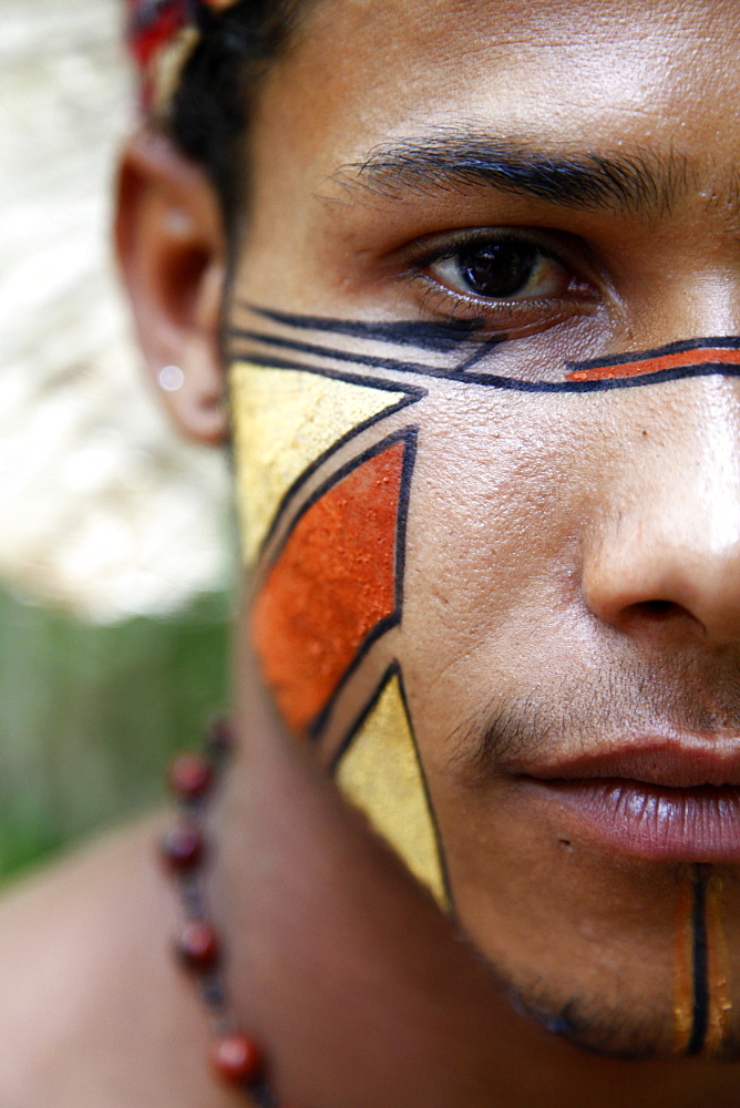 Portrait of a Pataxo Indian man at the Reserva Indigena da Jaqueira near Porto Seguro, Bahia, Brazil, South America