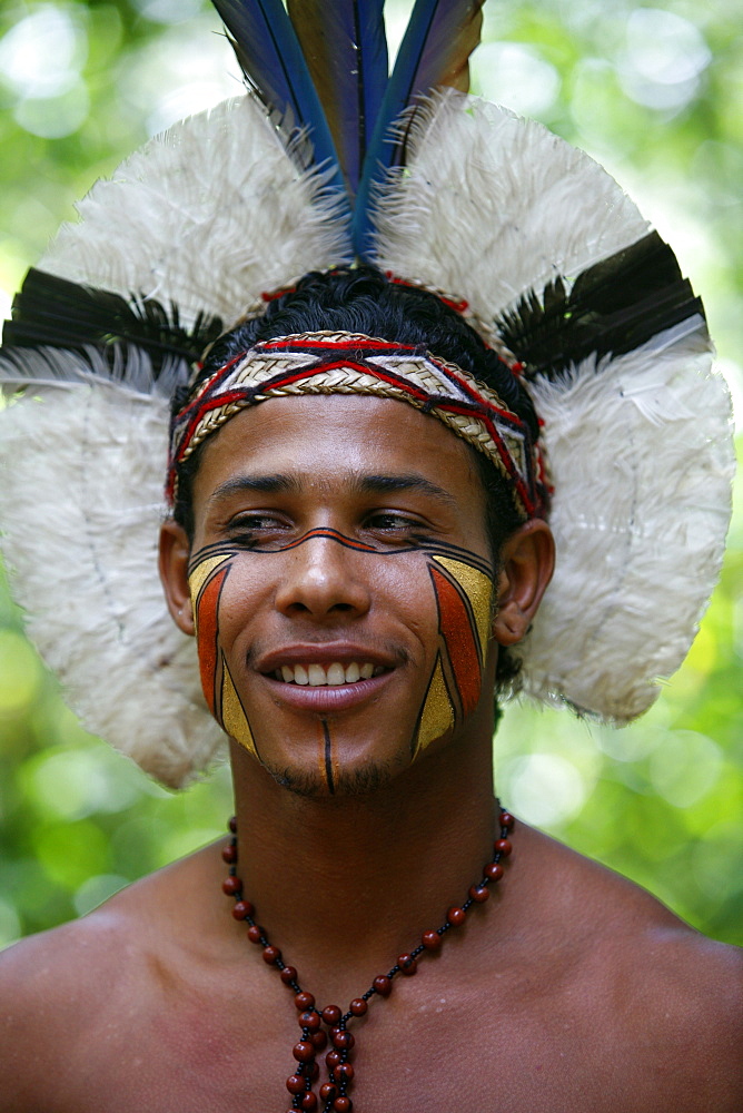 Portrait of a Pataxo Indian man at the Reserva Indigena da Jaqueira near Porto Seguro, Bahia, Brazil, South America