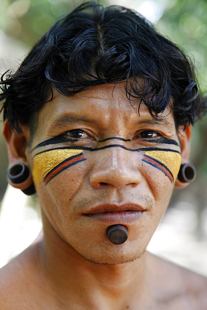 Portrait of a Pataxo Indian man at the Reserva Indigena da Jaqueira near Porto Seguro, Bahia, Brazil, South America