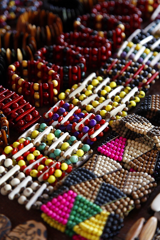 Crafts for sale at the souvenir shop of the Pataxo Indian people at the Reserva Indigena da Jaqueira near Porto Seguro, Bahia, Brazil, South America