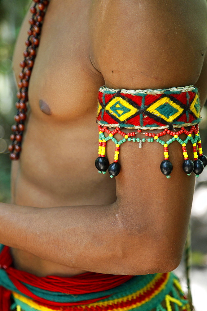 Detail of the costume of the Pataxo Indian people at the Reserva Indigena da Jaqueira near Porto Seguro, Bahia, Brazil, South America