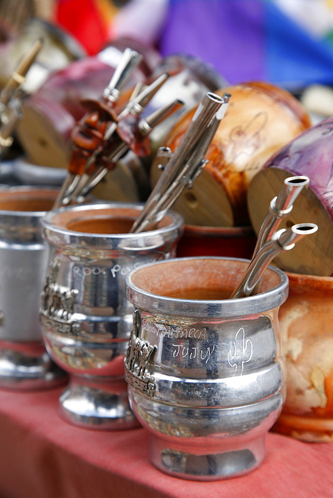 Mate cups for sale at the market in Purmamarca, Quebrada de Humahuaca, Jujuy Province, Argentina, South America 