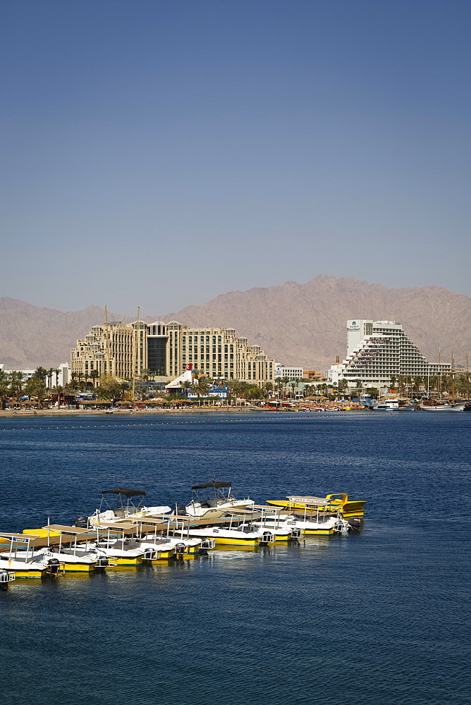 View of the Red Sea, beach and hotels in Eilat, Israel, Middle East