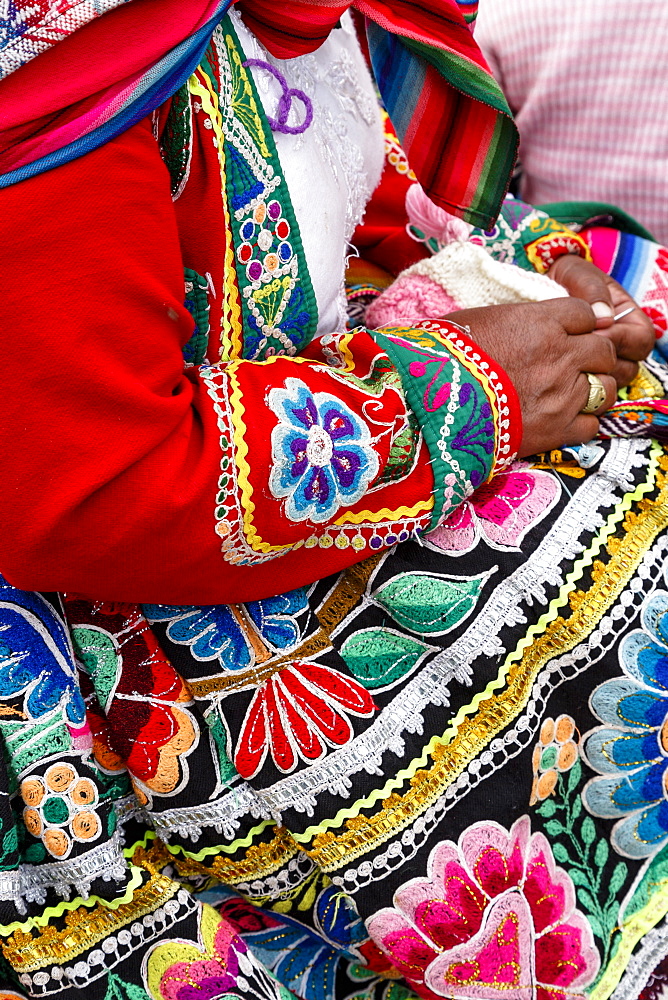 Detail of a traditional Quechua dress, Cuzco, Peru, South America 