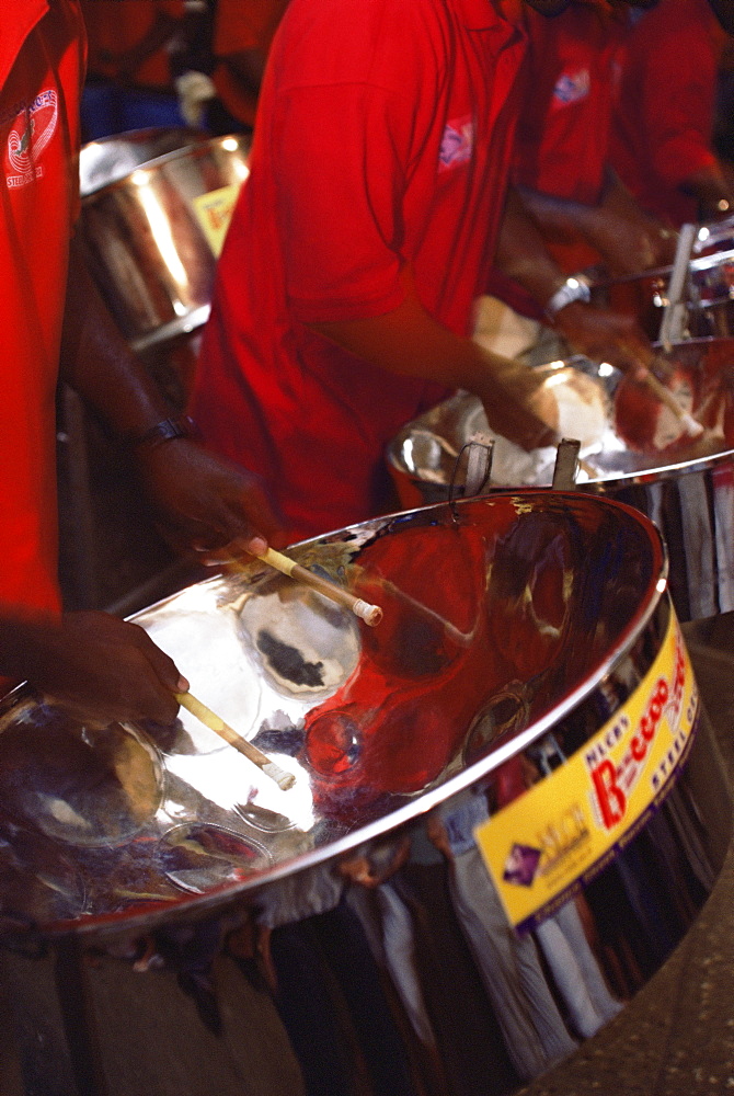 Steel pan band playing at the Sunday School, a street party held in Buccoo, Tobago, West Indies, Caribbean, Central America