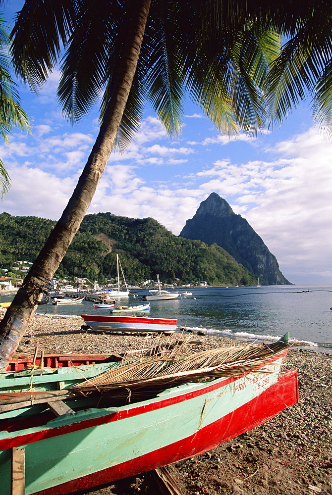 Fishing boats at Soufriere with the Pitons in the background, island of St. Lucia, Windward Islands, West Indies, Caribbean, Central America