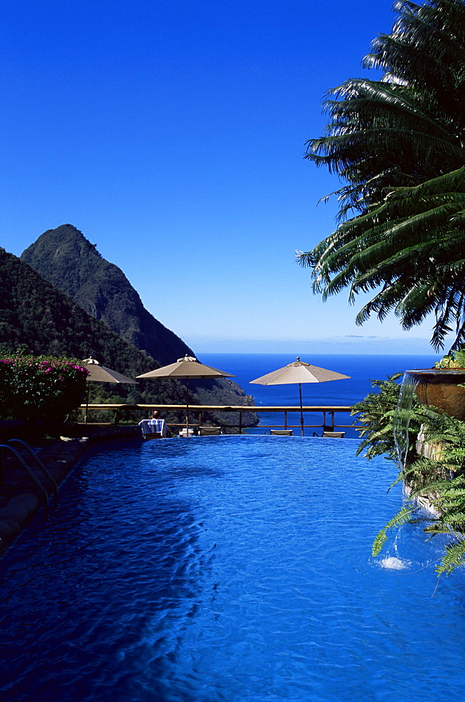 The pool at the Ladera resort overlooking the Pitons, St. Lucia, Windward Islands, West Indies, Caribbean, Central America