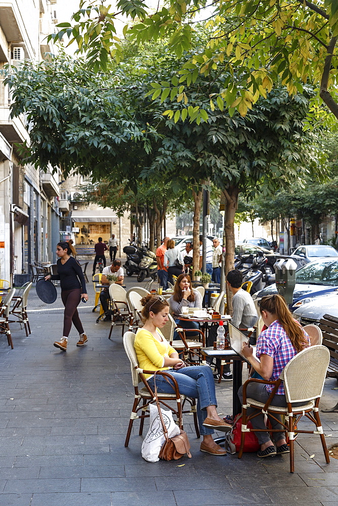 People sitting at a cafe in Hilel Street, Jerusalem, Israel, Middle East