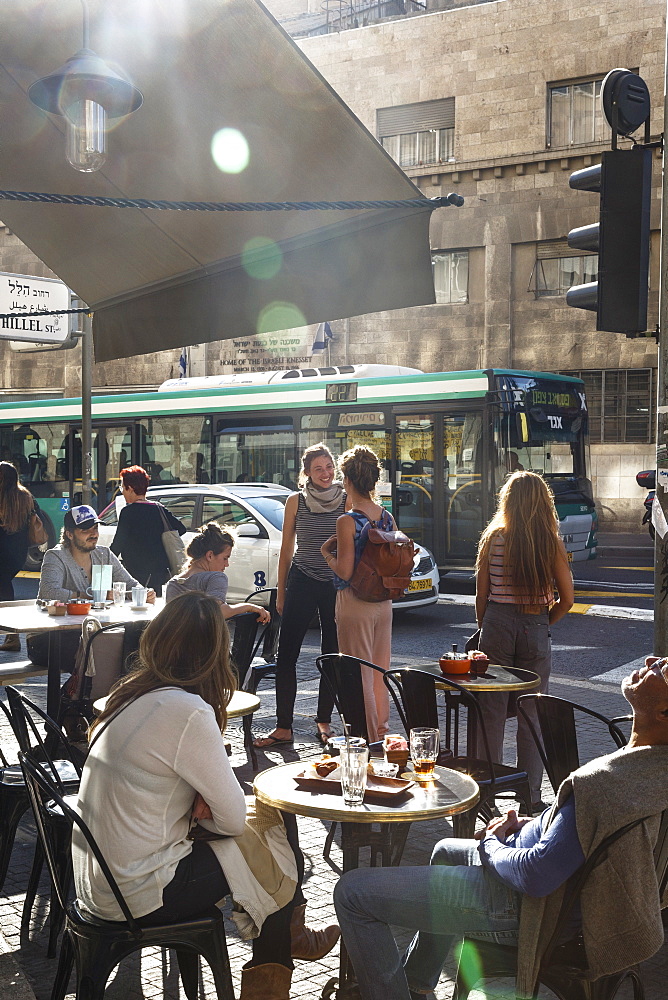 People sitting at Taamon Cafe in Hilel and King George Street crossing, Jerusalem, Israel, Middle East