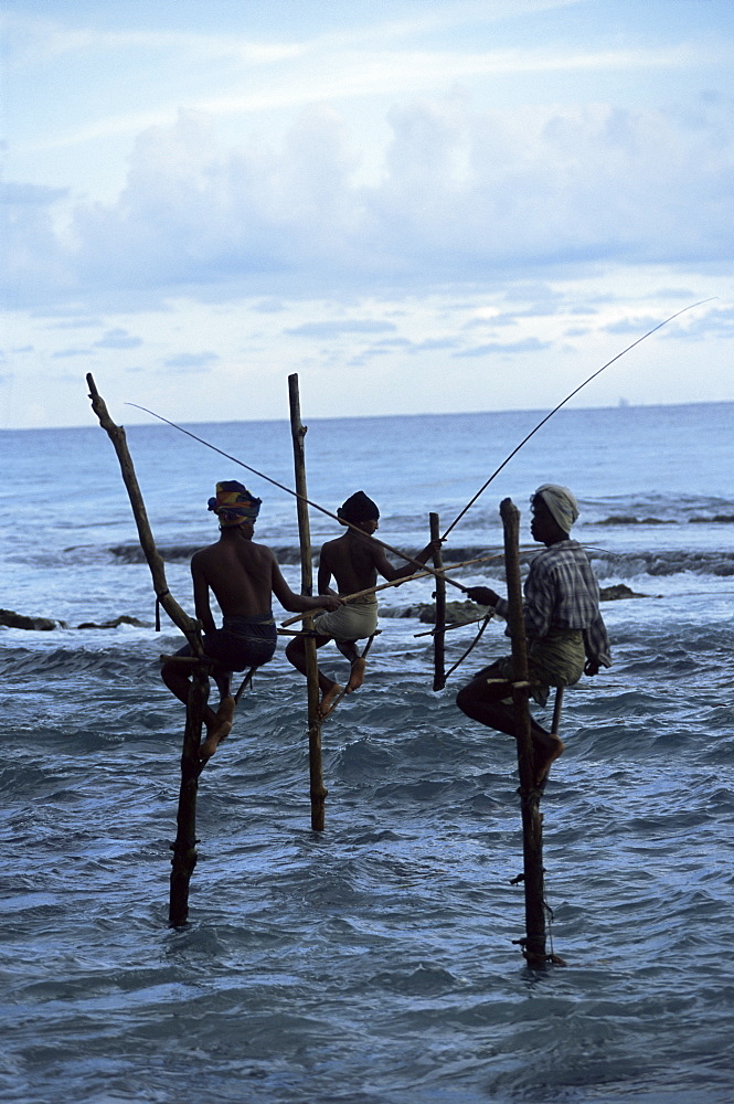 Stilt fishermen fishing from their poles between Unawatuna and Weligama, Sri Lanka, Indian Ocean, Asia