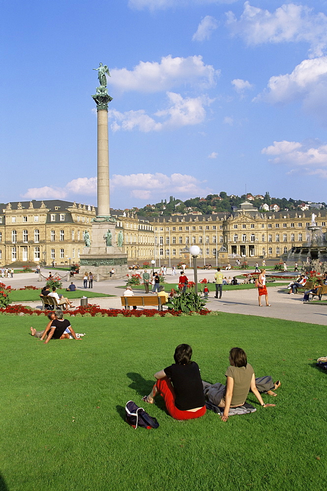 Schlossplatz (Palace Square), King Wilhelm Jubilee column, Neues Schloss, Stuttgart, Baden Wurttemberg, Germany, Europe