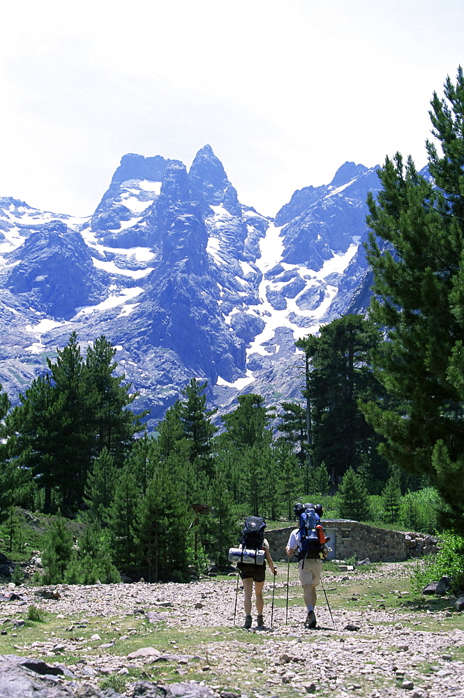 Hikers at Haut Asco, Corsica, France, Europe