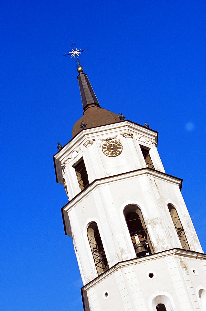 Clock tower by the cathedral, Vilnius, Lithuania, Baltic States, Europe