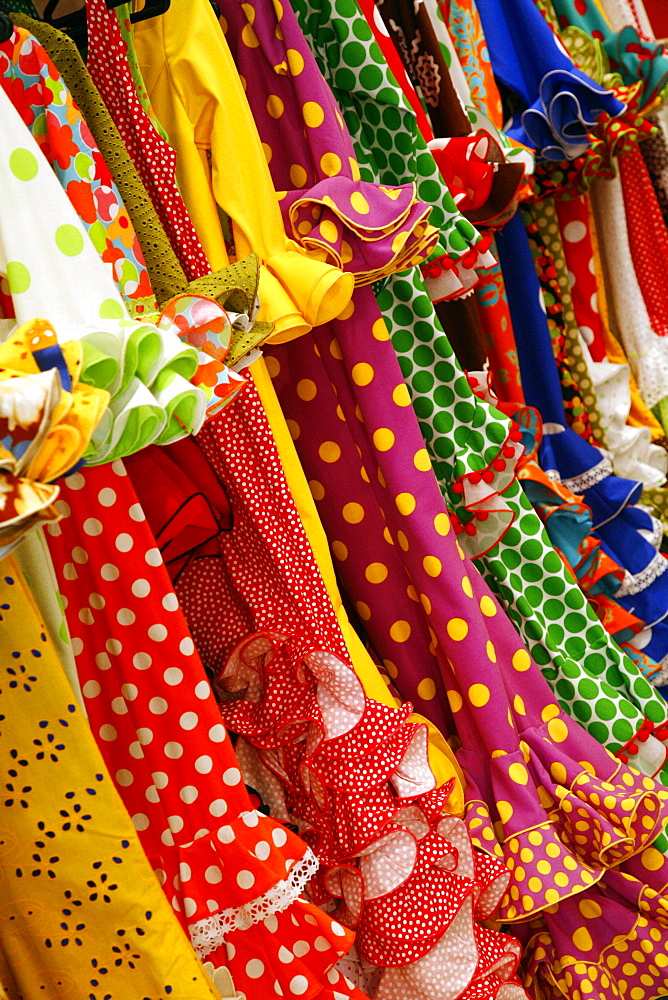 Traditional flameco dresses, Seville, Andalucia, Spain, Europe