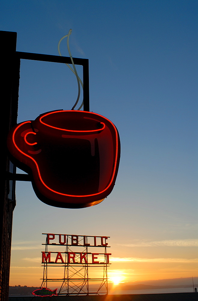 Neon sign for coffee, Post Alley, Seattle, Washington State, United States of America, North America