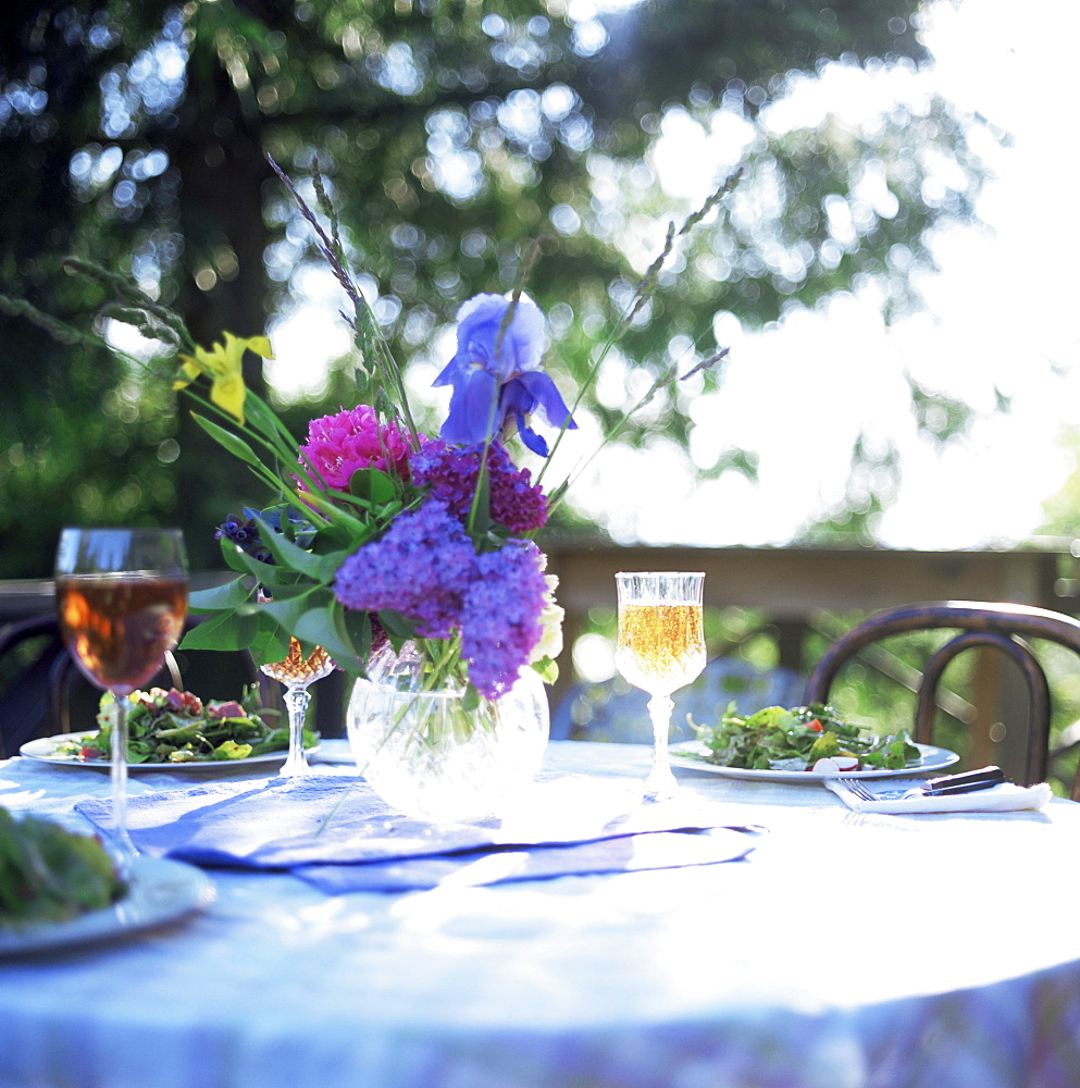 Table with salad, cider and flowers, Washington State, USA