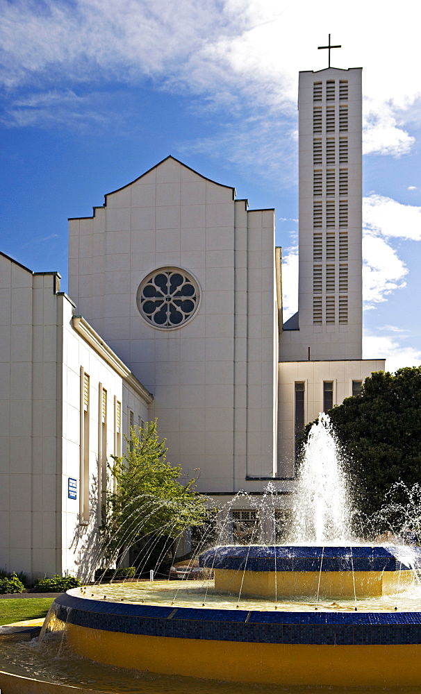 Fountain and Cathedral in the Art Deco city of Napier, North Island, New Zealand, Pacific