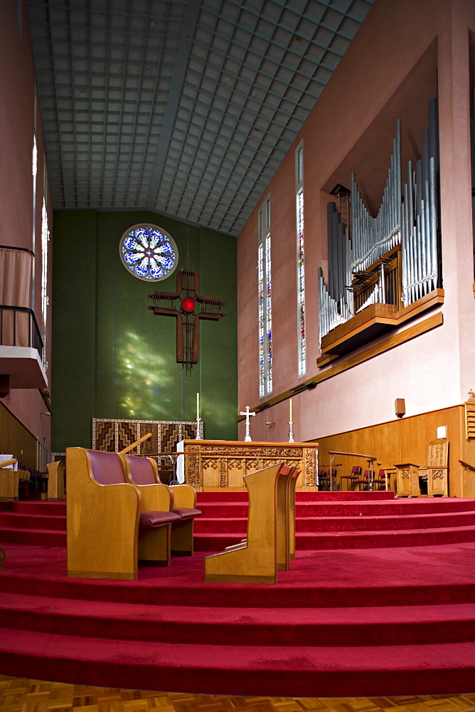 Cathedral interior with stained glass and cross, in the Art Deco city of Napier, North Island, New Zealand, Pacific