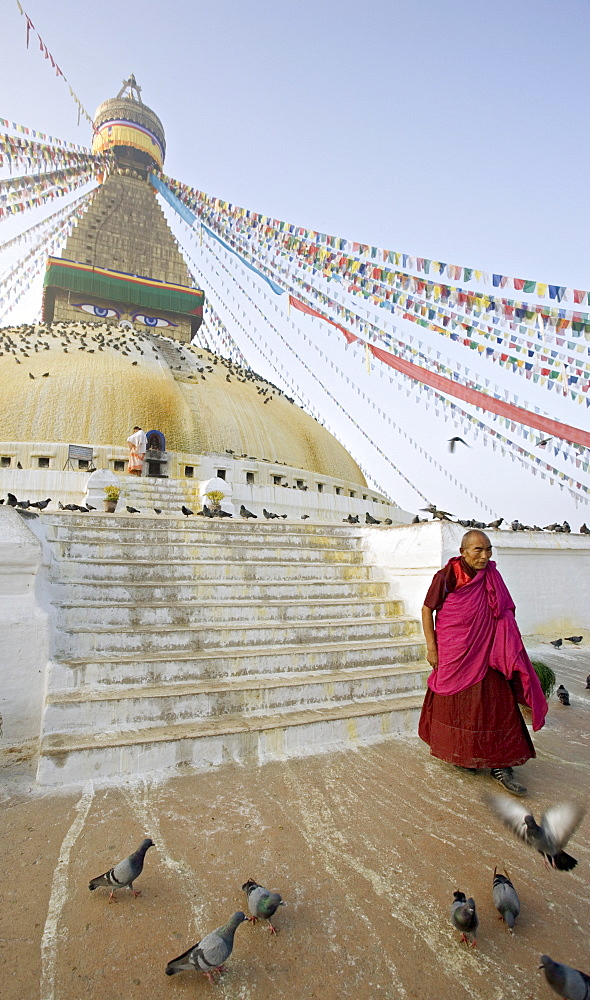 Buddhist monk descends the steps of Boudha (Bodhnath) (Boudhanath), the Tibetan stupa in Kathmandu, Nepal, Asia