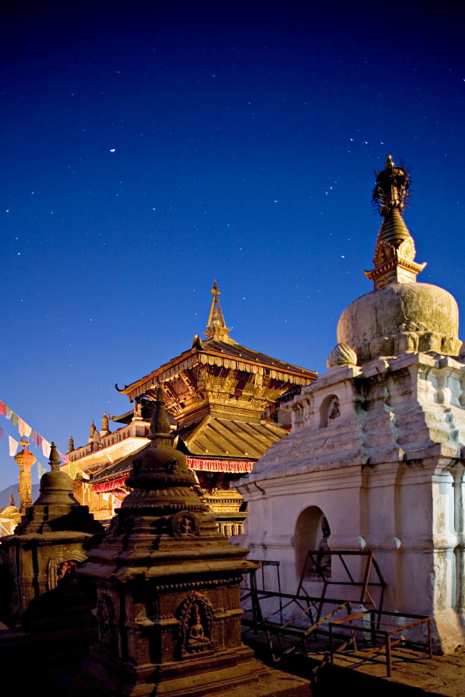 The constellation of Orion in the sky at dawn above the Hariti Mandir temple, dedicated to the goddess of smallpox, worshipped by Hindus and Buddhists, Swayambhunath, Kathmandu, Nepal, Asia