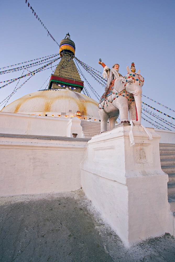 Dawn at Boudha, the Tibetan Buddhist stupa at Bodhnath, UNESCO World Heritage Site, Kathmandu, Nepal, Asia