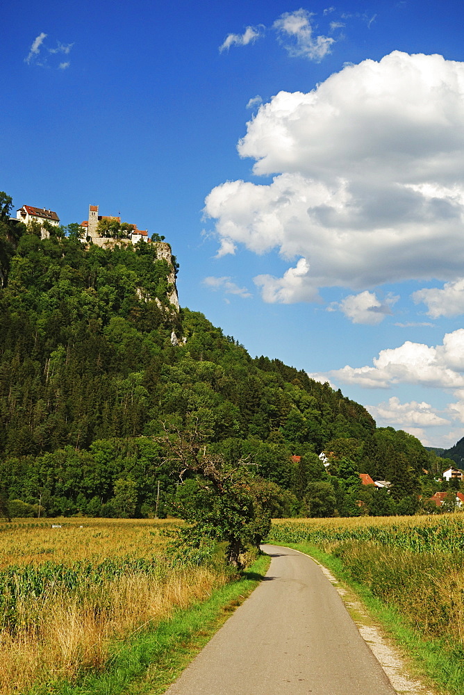 View of Donautal (Danube valley), Schaufelsen and Werenwag Castle, Swabian Alb, Baden-Wurttemberg, Germany, Europe 