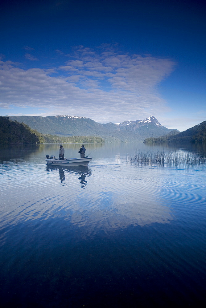 Fishermen, Lago Espejo, Siete Lagos region, Nahuel Huapi National Park, Argentina, South America