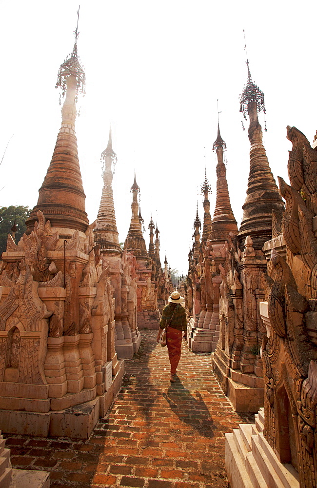 Kakku Pagoda Complex, tourist walks amongst more than 2000 pagodas, Shan state, Myanmar (Burma), Asia