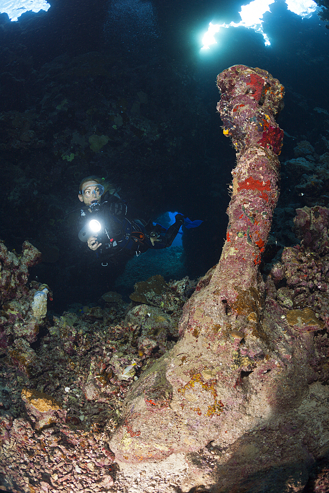 Scuba Diver inside Cave, Pseudanthias squamipinnis, Paradise Reef, Red Sea, Egypt