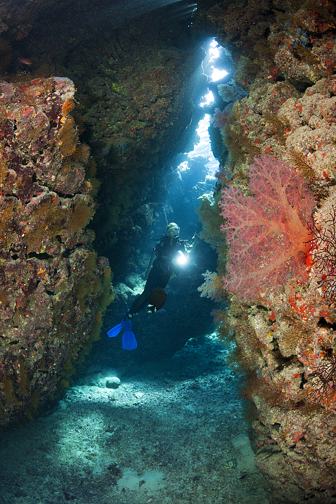 Scuba Diver inside Cave, Cave Reef, Red Sea, Egypt