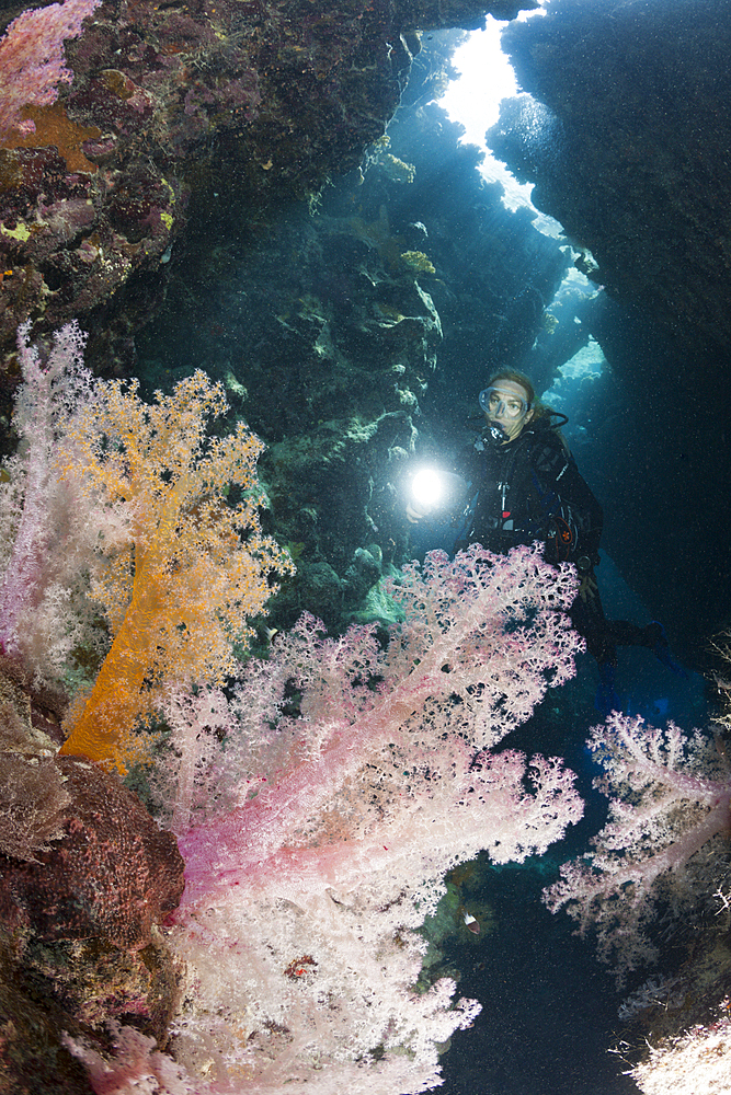 Scuba Diver inside Cave, Zabargad, Red Sea, Egypt