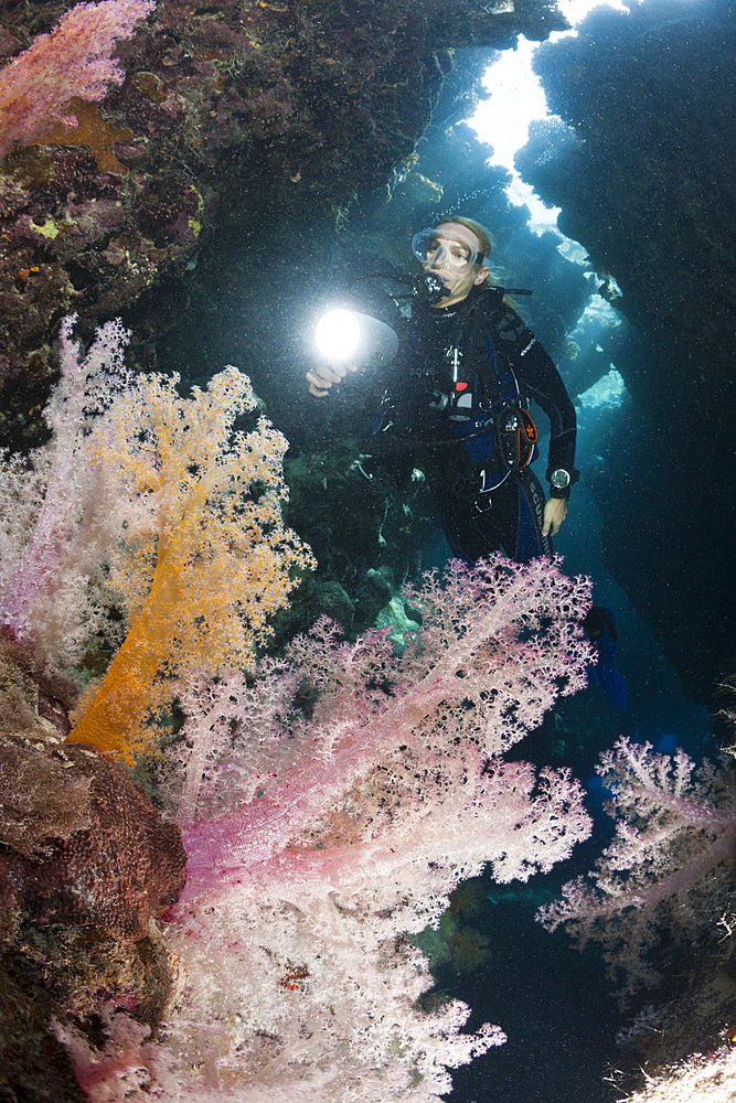 Scuba Diver inside Cave, Zabargad, Red Sea, Egypt