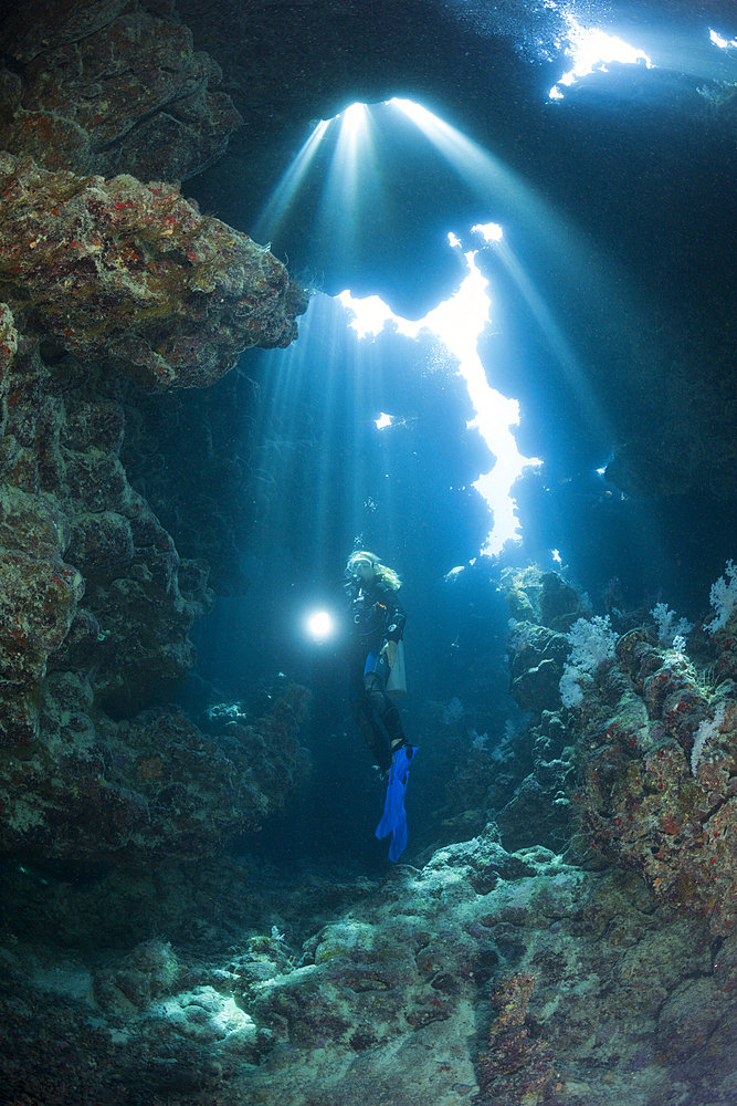 Scuba Diver inside Cave, Zabargad, Red Sea, Egypt