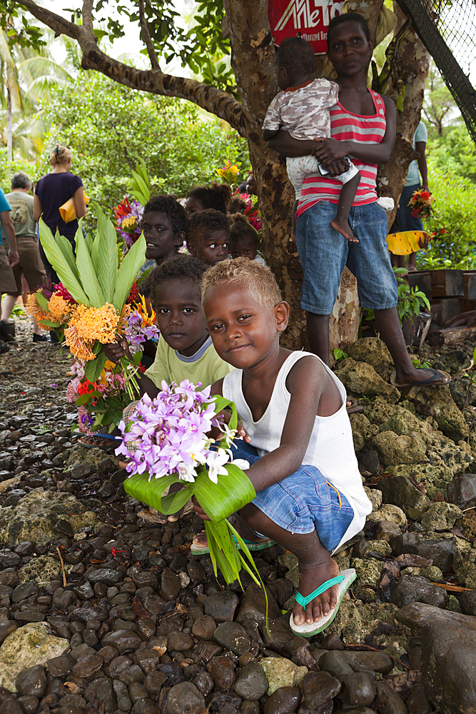 People of Telina Island welcome Visitors, Marovo Lagoon, Solomon Islands