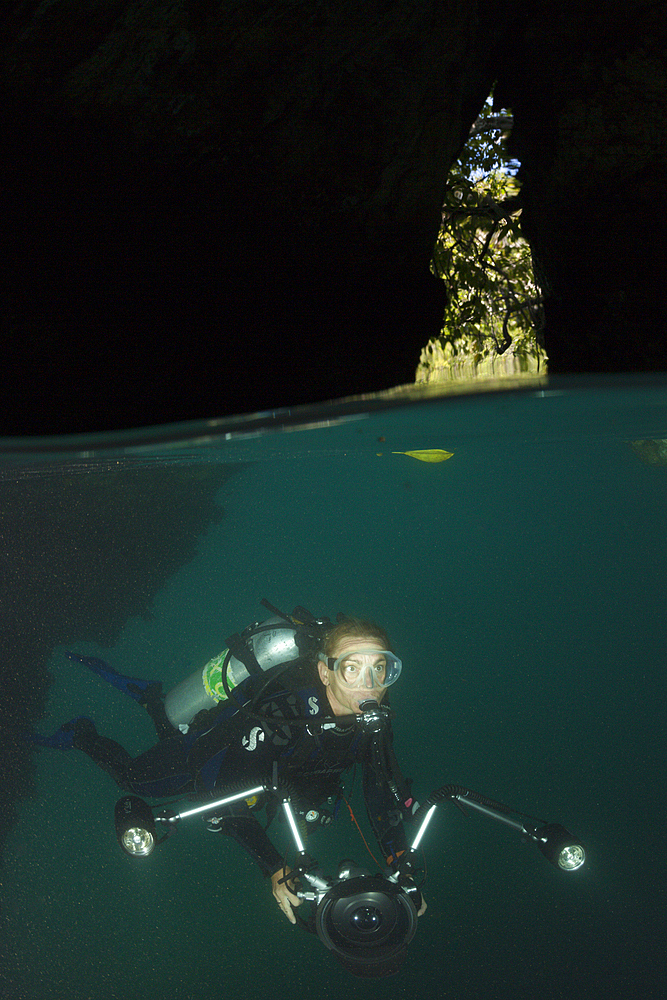 Scuba diver in Cave, Raja Ampat, West Papua, Indonesia