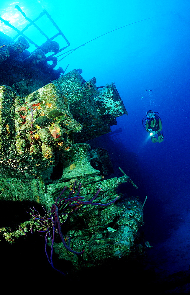 Scuba diver and ship wreck Theo?s wreck, Bahamas, Caribbean Sea, Grand Bahama