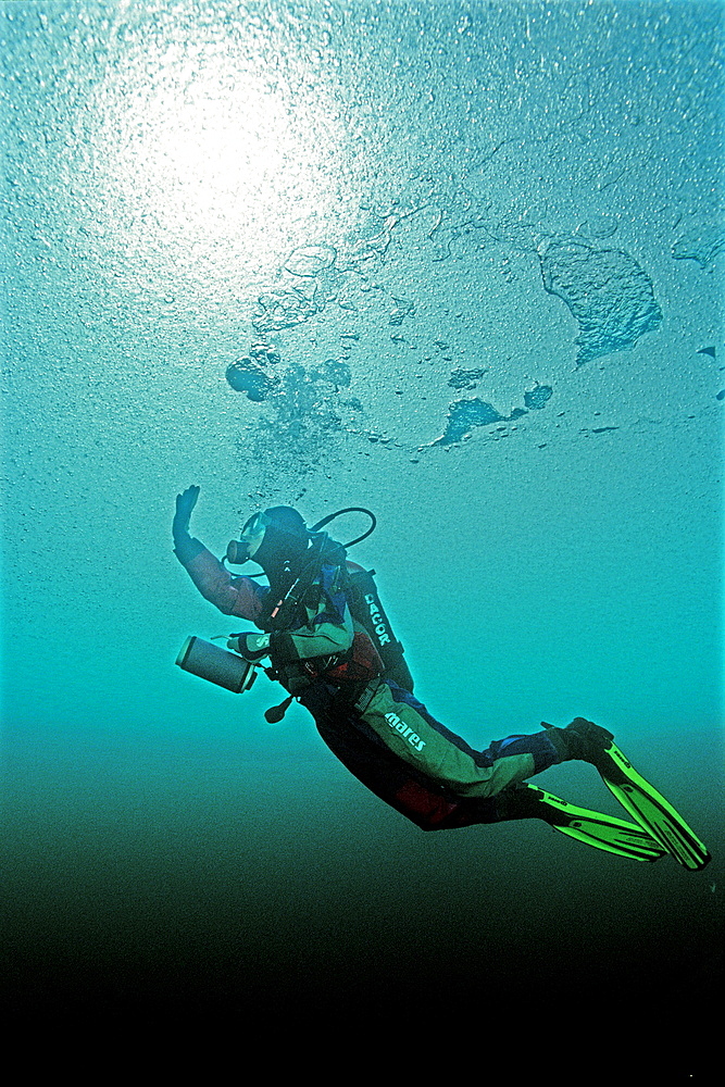 Ice diving, Scuba diver under ice, Austria, Tirol