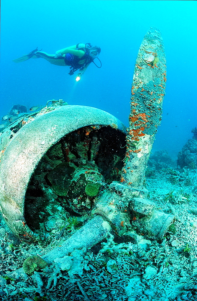 Sunken aeroplane and scuba diver, Papua New Guinea, Pacific Ocean