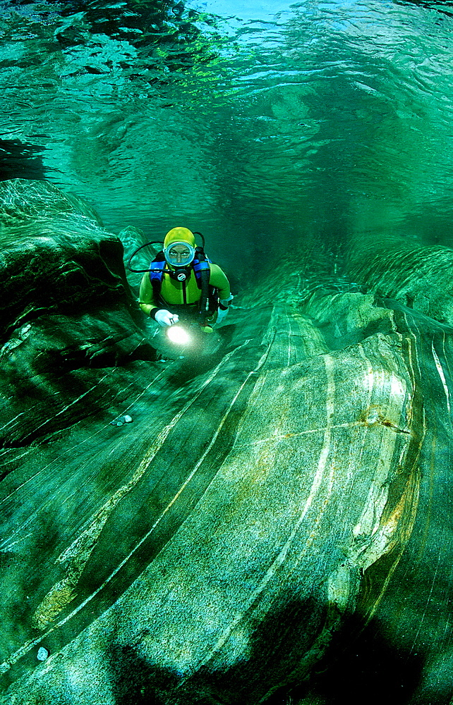 Scuba diving in a freshwater river, scuba diver, Switzerland, Tessin, Verzasca, Verzasca Valley, Verzasca river