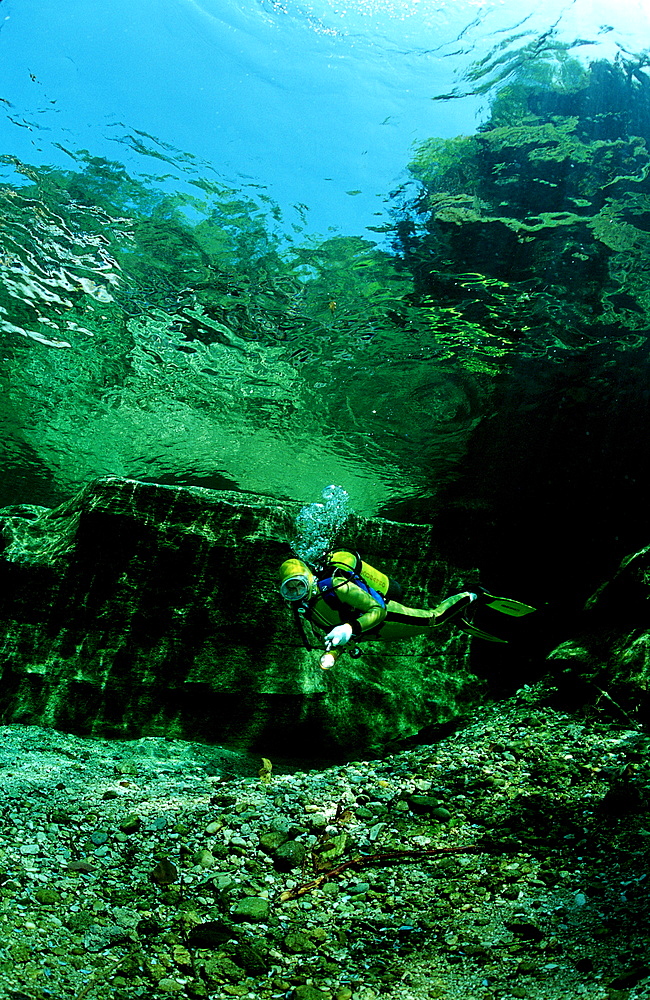 Scuba diving in a freshwater river, scuba diver, traun, Austria, Steiermark, Gruener See