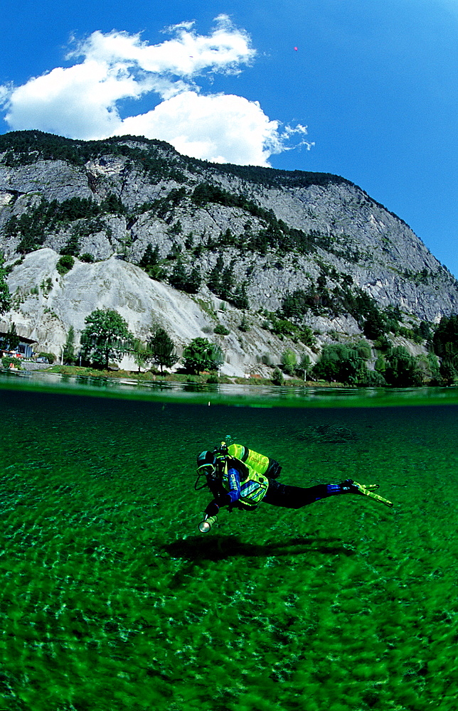 Scuba Diver in a mountain lake, Austria, Steiermark, Gruener See