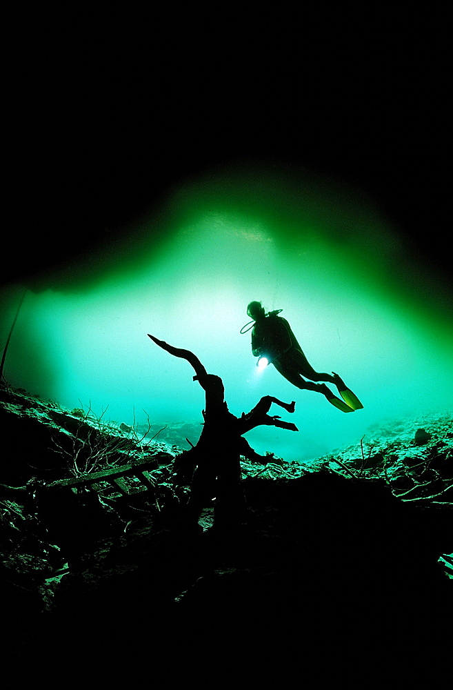 Scuba diver in underwater cave, Laguna Pepe, Punta Cana, Freshwater, Dominican Republic, West Indies, Caribbean, Central America