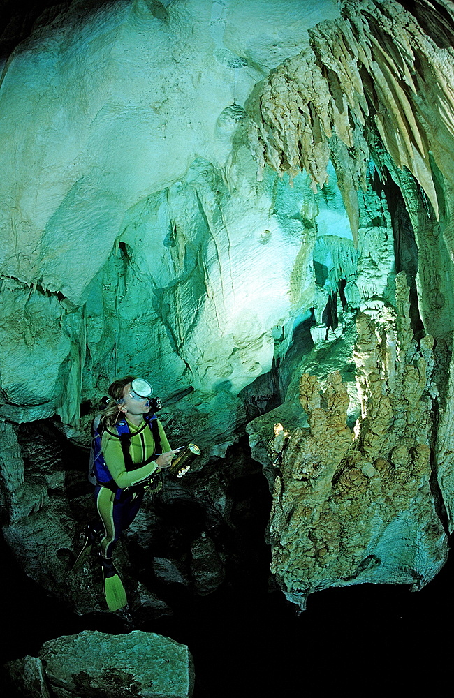 Scuba diver in underwater cave, Cueva Taina, Punta Cana, Freshwater, Dominican Republic, West Indies, Caribbean, Central America