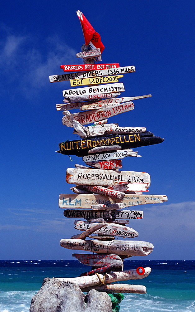 Signpost on the beach, Netherlands Antilles, Bonaire, Caribbean Sea