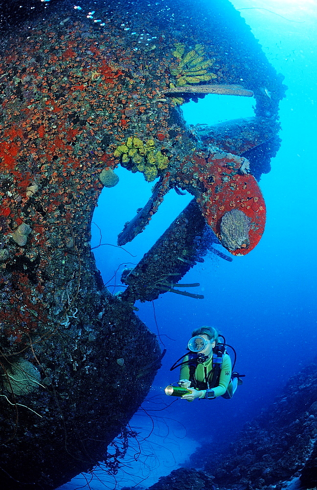 Scuba diver on the Hilma Hooker Ship Wreck, Netherlands Antilles, Bonaire, Caribbean Sea