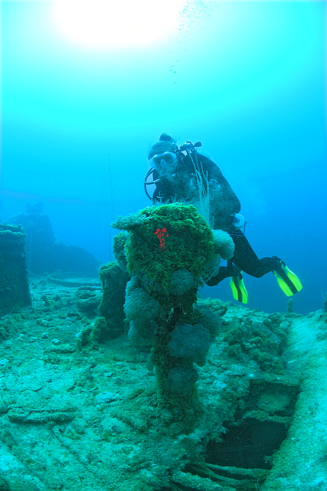 Diver and Engine Order Telegraph at Destroyer USS Lamson, Marshall Islands, Bikini Atoll, Micronesia, Pacific Ocean