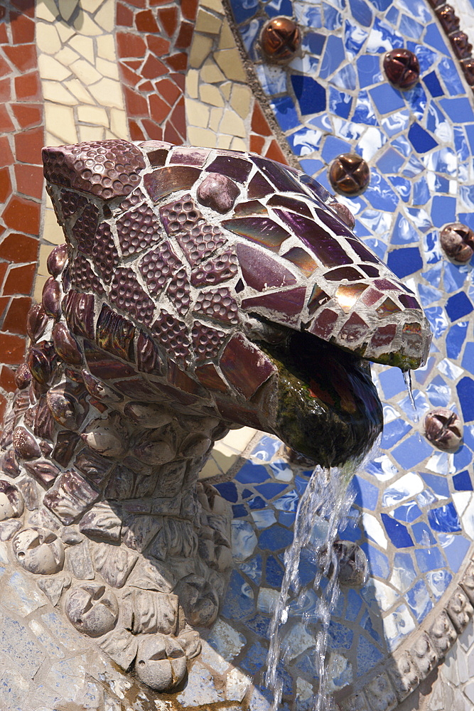 Mosaic Fountain at Park Guell of Architect Antoni Gaudi, Barcelona, Catalonia, Spain